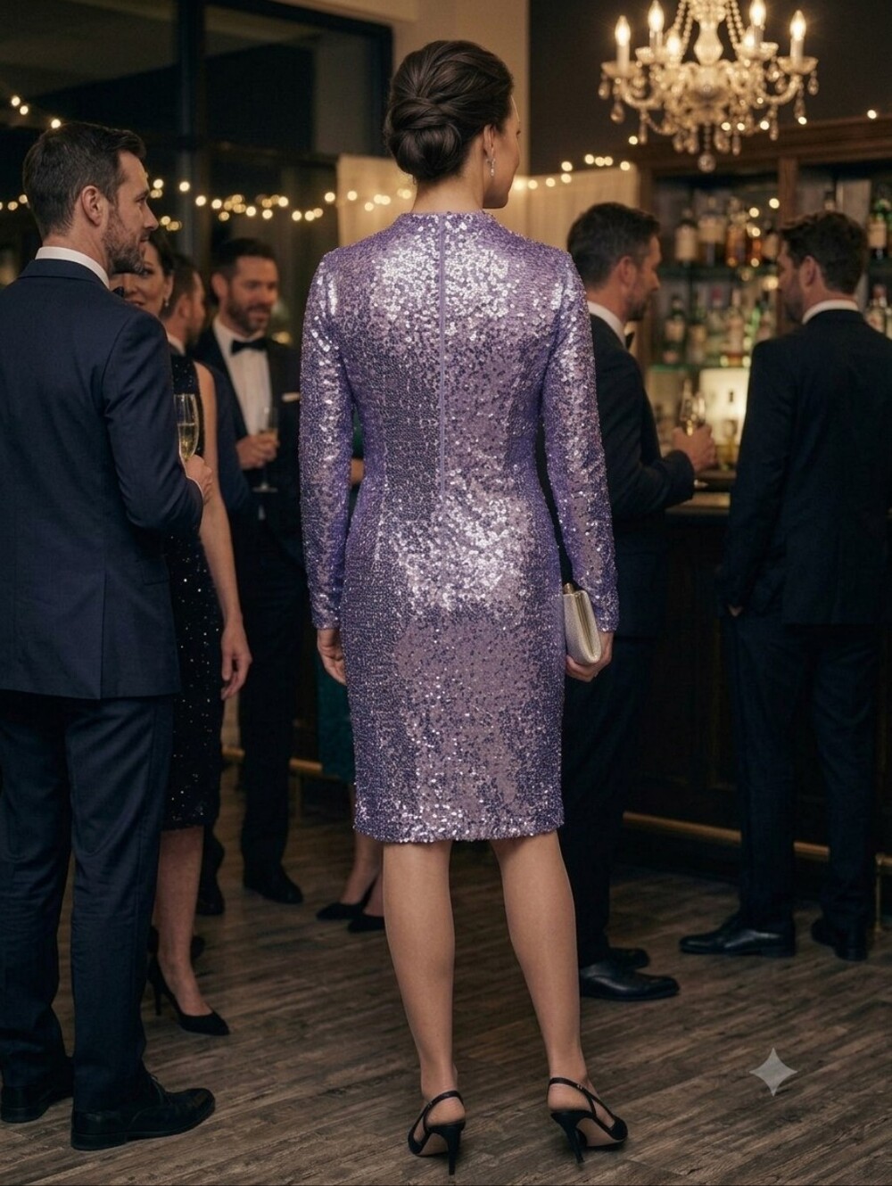 💕ST. JOHN Sequin Sheath Dress Lilac Long Sleeve Cocktail Party Evening 12 NWOT - Picture 4 of 14